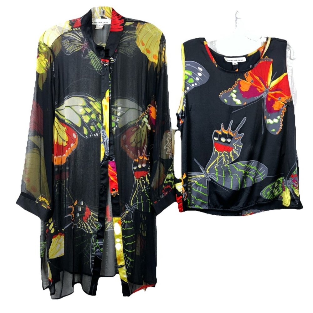 M Caroline Rose Silk Sheer Floral Butterfly Print Duster Tunic w Matching Tank